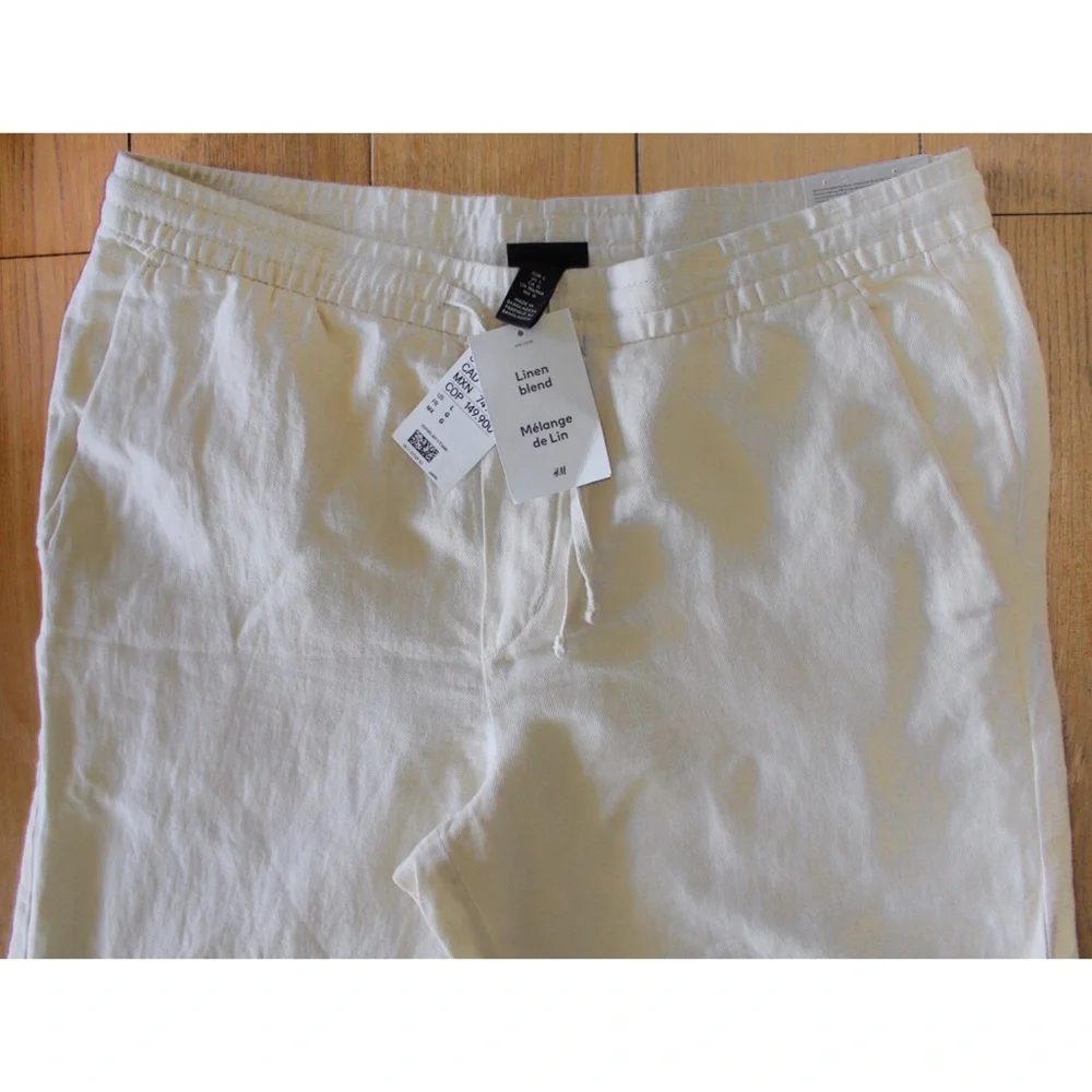 H&M Men’s Linen Blend Drawstring Elastic Waist Wide Leg Pants Large Brand New